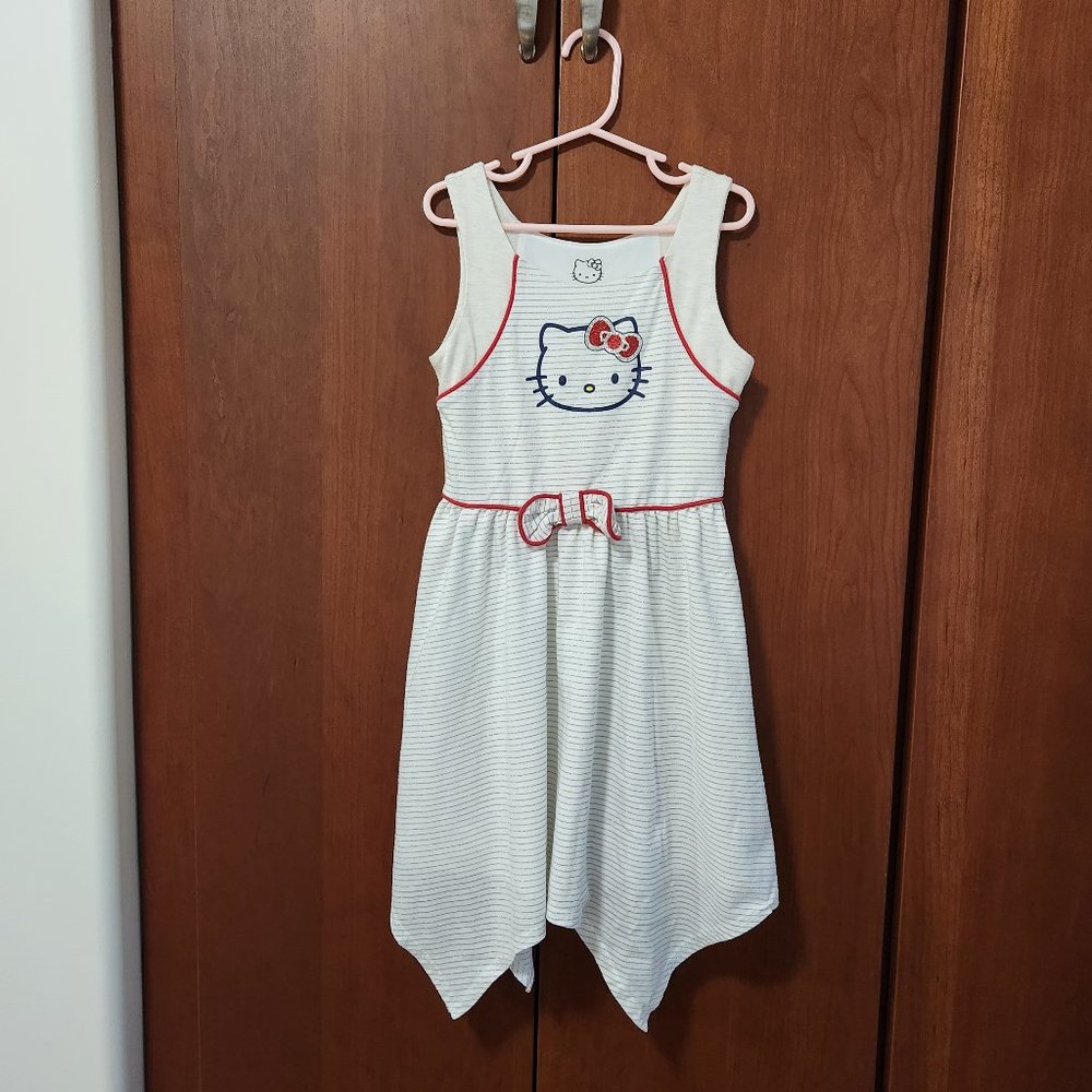 Hello Kitty Girls Dress size 6x, White with grey stripes and red accent, face